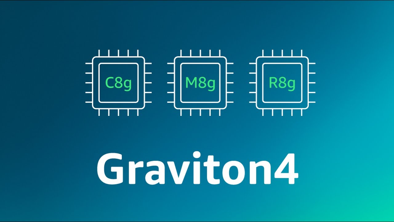 Illustration showing AWS Graviton4 with three microchip icons labeled C8g, M8g, and R8g on a blue gradient background.