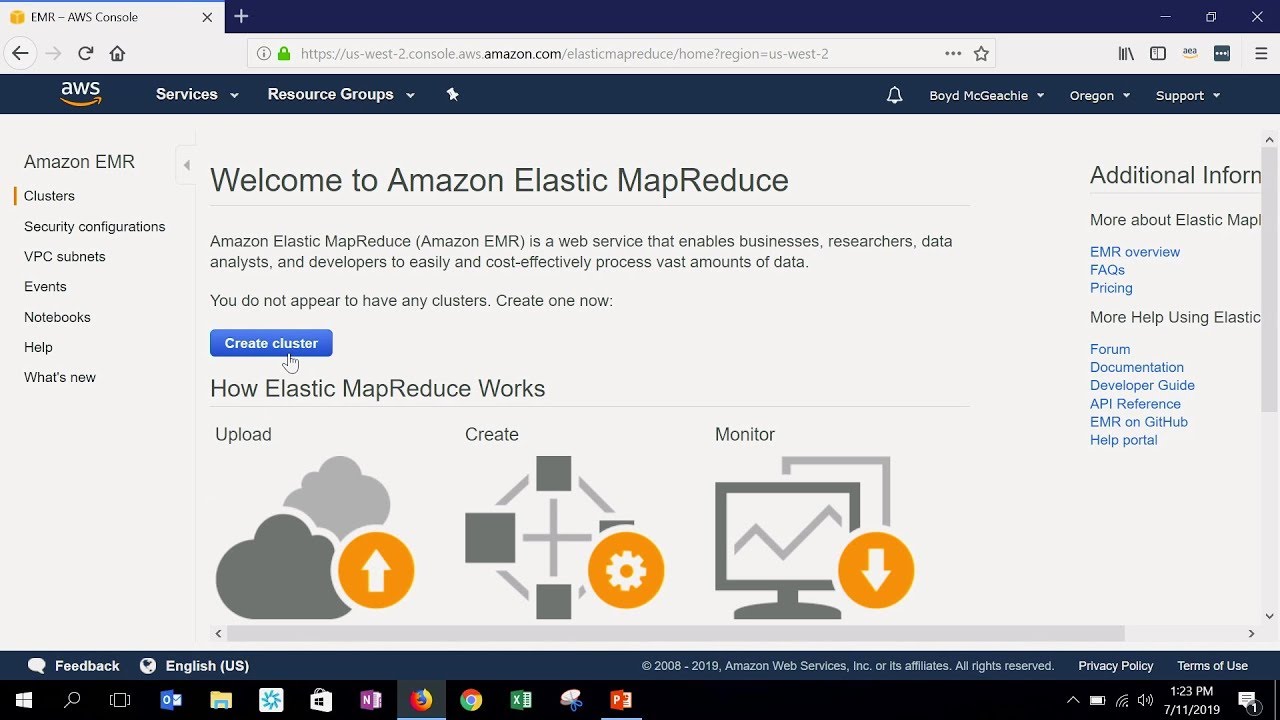 Screenshot of the Amazon Elastic MapReduce (EMR) console welcome screen, showing options to create a cluster and an explanation of how Elastic MapReduce works.