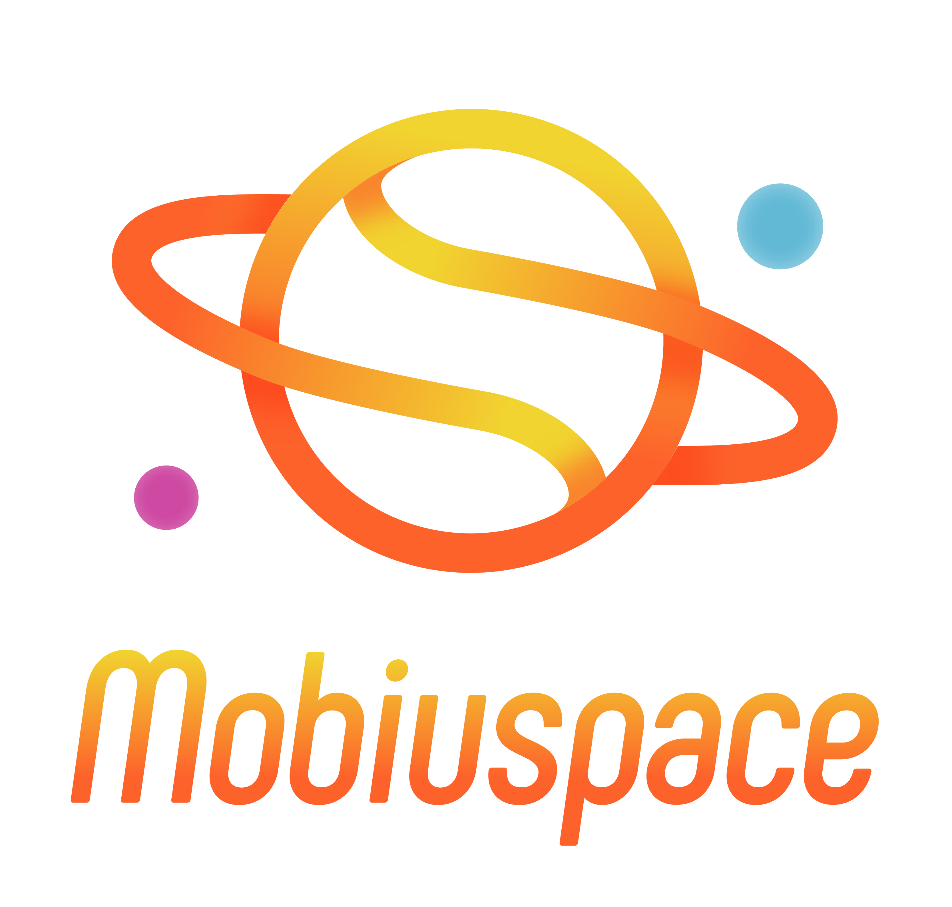 Mobiuspace logo featuring a stylized ringed planet with a gradient orange and yellow ring, a purple and a blue dot, and the word 'Mobiuspace' in gradient text below on a black background.