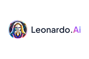 Logo of Leonardo.Ai featuring a stylized portrait within a circle and the text 'Leonardo.Ai' in modern typography.
