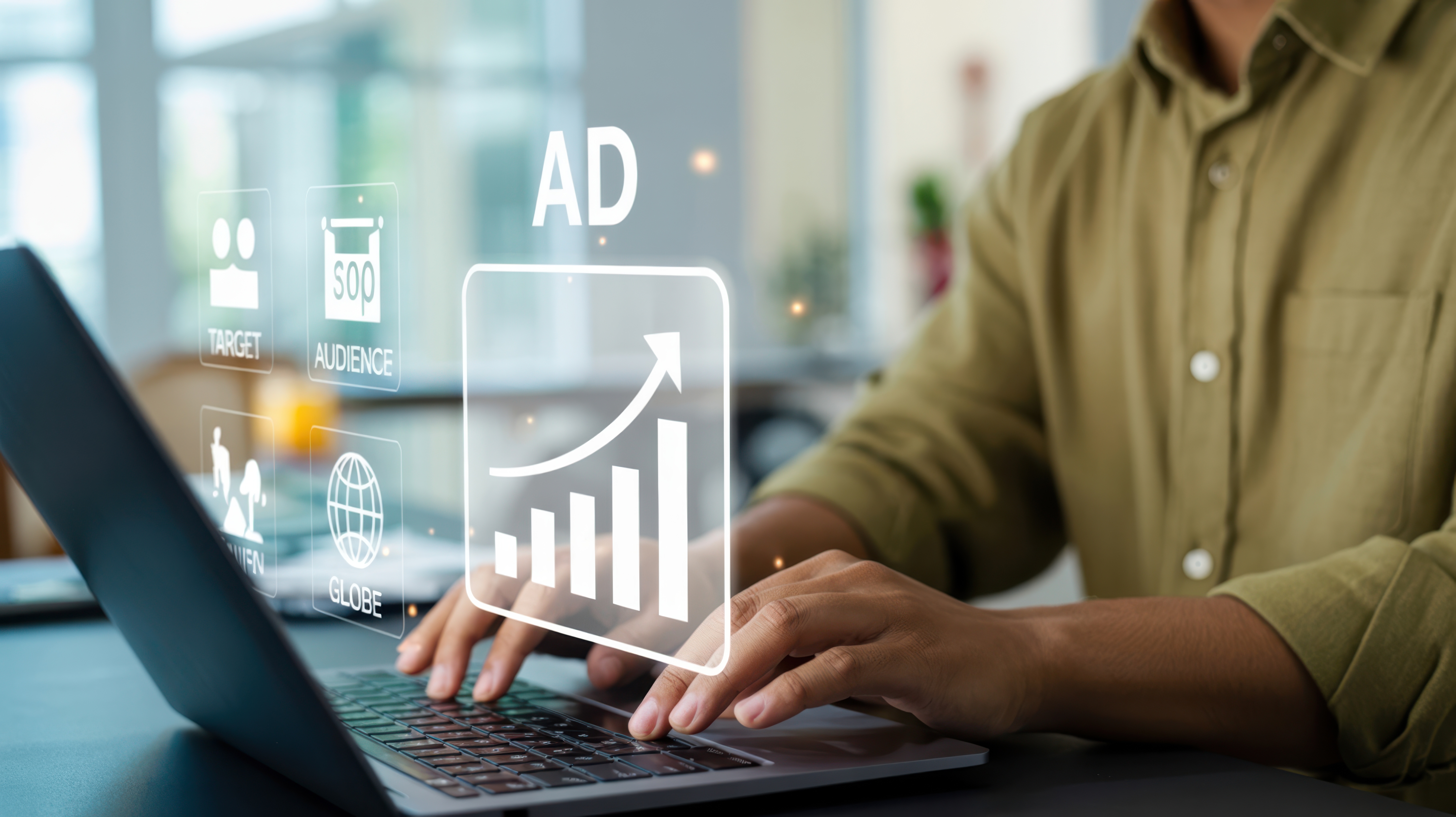 Optimizing Digital Advertising: A person using a laptop with an "AD" icon featuring an upward trend graph, illustrating improved campaign performance and global audience targeting