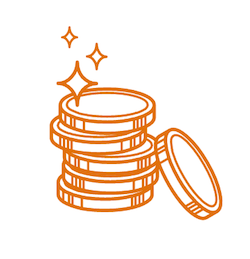 An orange outline icon showing a stack of coins with a single coin angled at the front and sparkles above the coins, representing value, currency, or cost savings.