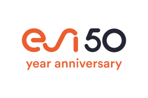 Logo for ESI's 50 year anniversary with the text 'esi 50 year anniversary' in orange and dark gray.