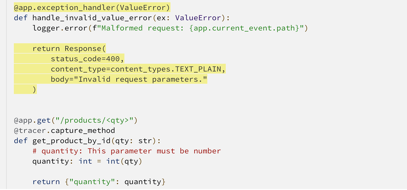 Screenshot of Python code demonstrating the use of AWS Lambda Powertools for Python, showing a custom exception handler for ValueError and an endpoint to get product quantity with error handling and tracing decorators.