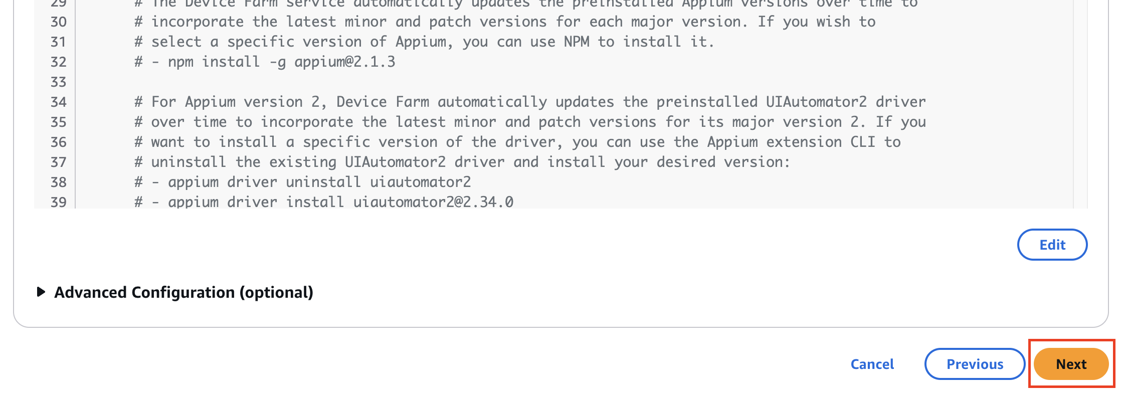 Screenshot of the AWS Device Farm interface showing an Appium configuration example with the 'Next' button highlighted at the bottom right. The image also displays code related to configuring UIAutomator2 driver versions in Appium testing.
