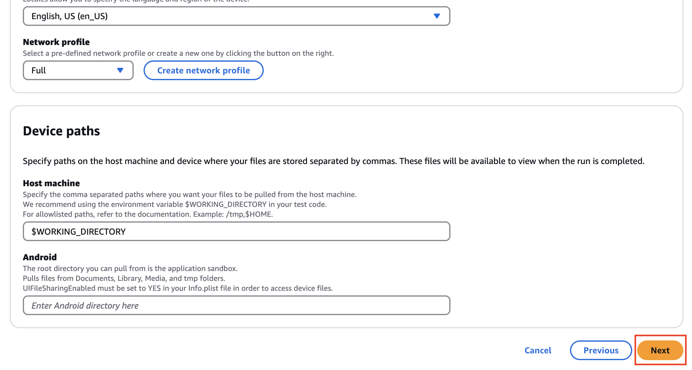 Screenshot of the AWS Device Farm interface showing the device paths configuration section with the Next button highlighted, used to proceed to the next step in the setup process.