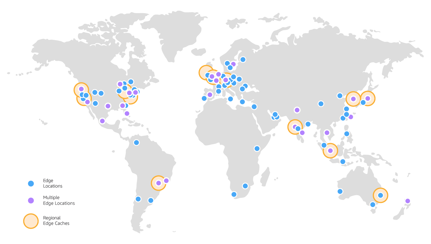 A world map displaying the distribution of AWS Edge Locations, Multiple Edge Locations, and Regional Edge Caches, with colored markers highlighting their global presence.