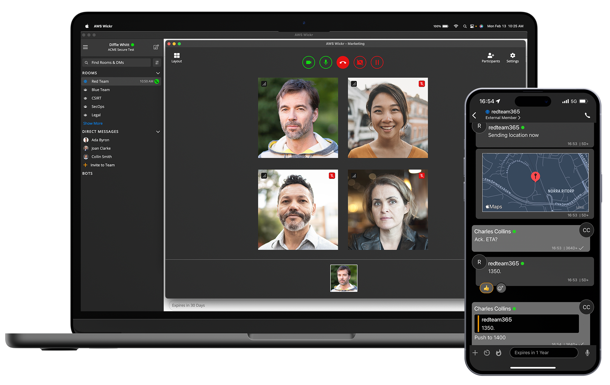 Illustration showing the AWS Wickr user interfaces on a laptop and a mobile device, featuring video call participants and secure messaging functions.