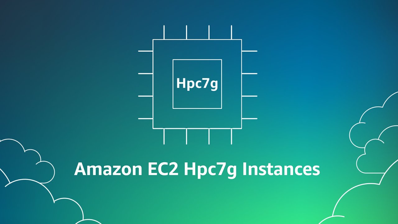 Alt-text: Illustration of a computer chip labeled "Hpc7g" with text "Amazon EC2 Hpc7g Instances" on a gradient blue-green background with cloud outlines.
