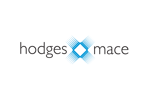 Logo of Hodges-Mace featuring black text and a blue geometric design in the center.