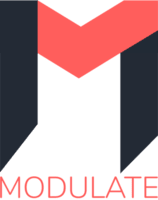 Logo for Modulate, featuring a stylized 'M' design with bold shapes and the word 'MODULATE' beneath it.