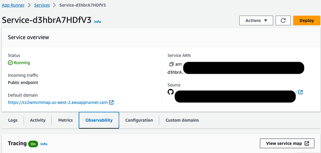 Screenshot of the 'Observability' tab in the AWS App Runner service overview, showing service status, domain, incoming traffic, visibility options, tracing status, and custom domains. The interface includes sections for logs, activity, metrics, and configuration.