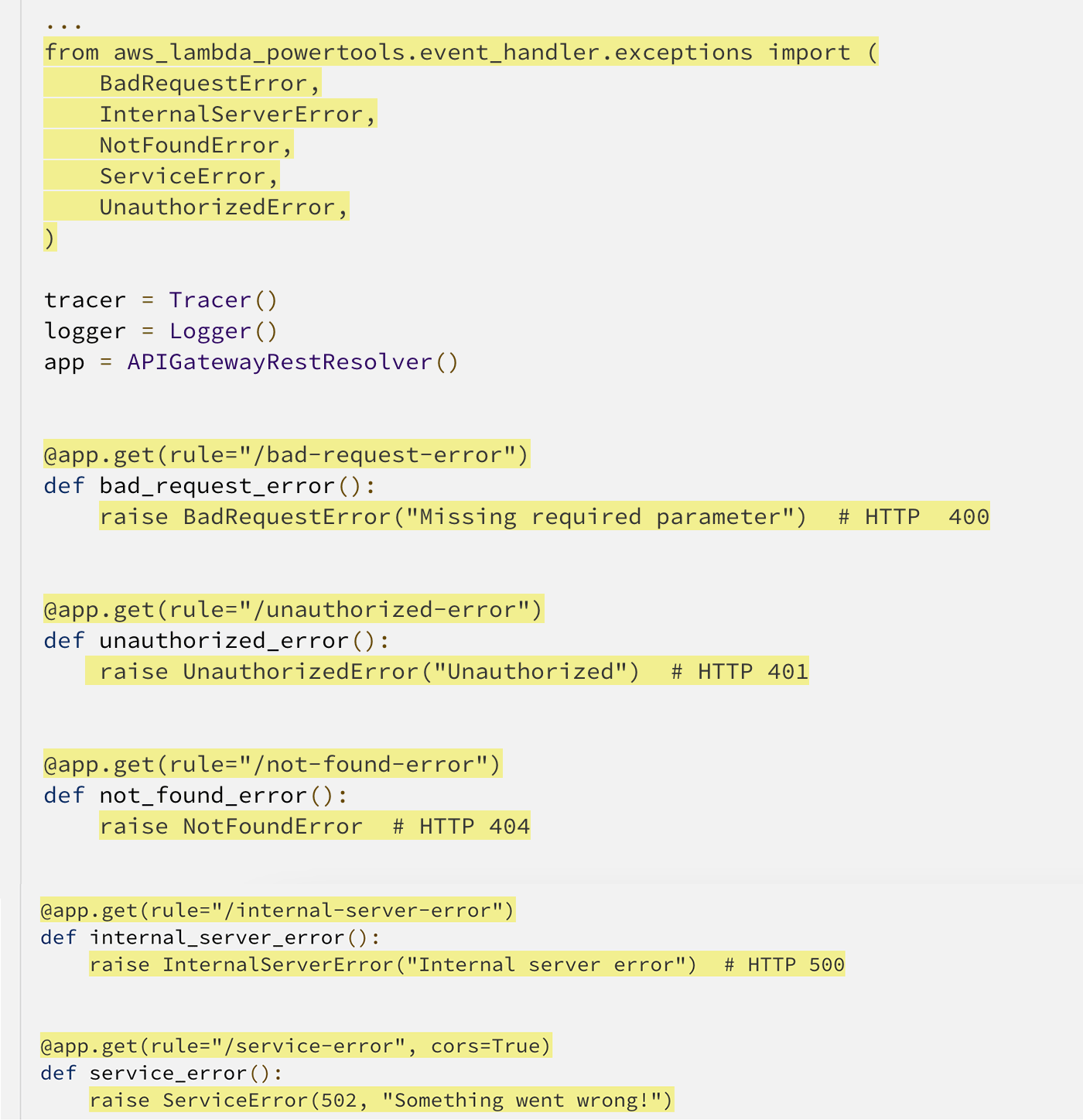Screenshot of a Python code example demonstrating exception handling with AWS Lambda Powertools, showing import statements for various exception classes and route handlers for different error types in an API Gateway REST resolver.