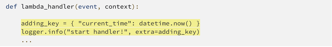 Screenshot of Python code showing a Lambda handler function using AWS Lambda Powertools Logger with Python 3.12, including adding an extra key with the current time for logging.