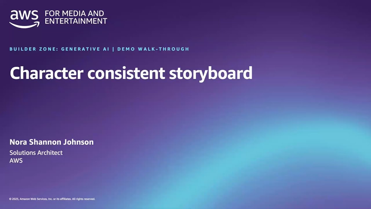 "Slide titled 'Character consistent storyboard' presented by Nora Shannon Johnson, Solutions Architect at AWS, with a purple gradient background."