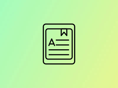 A simple line art icon of an eBook or document with a bookmark on a gradient green and yellow background.