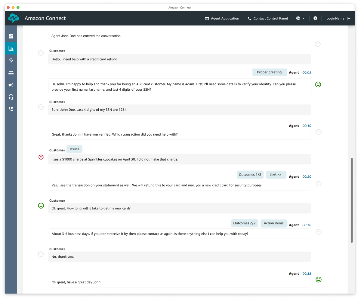 Screenshot of the Amazon Connect web interface showing a chat conversation between a support agent and a customer regarding a credit card refund. The interface displays message timestamps, agent and customer messages, and contextual action tags such as 'Proper greeting', 'Issues', 'Refund', and 'Action items'.