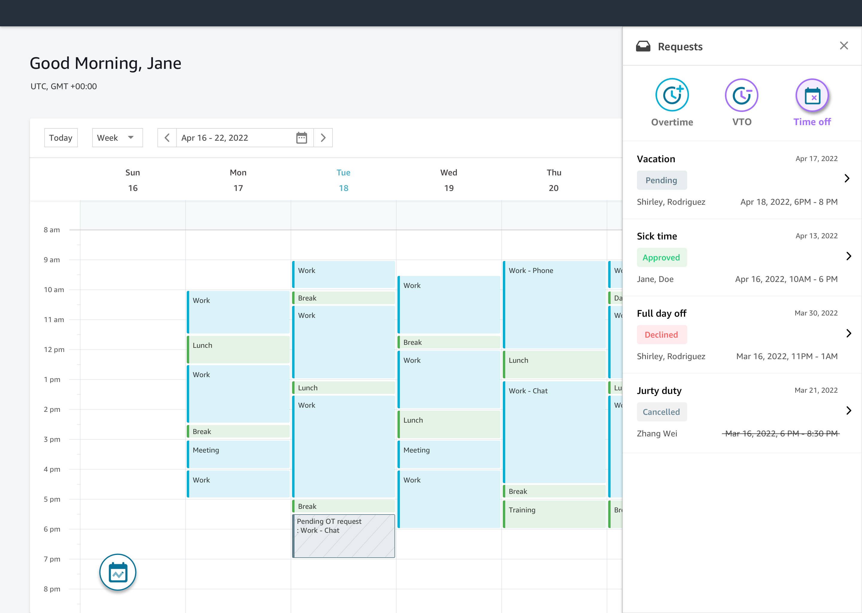 Screenshot of an automated intraday agent request management dashboard, displaying a weekly calendar view of work schedules, breaks, meetings, and requests for overtime, VTO, and time off in a contact center environment. Includes request statuses such as approved, pending, declined, and cancelled.