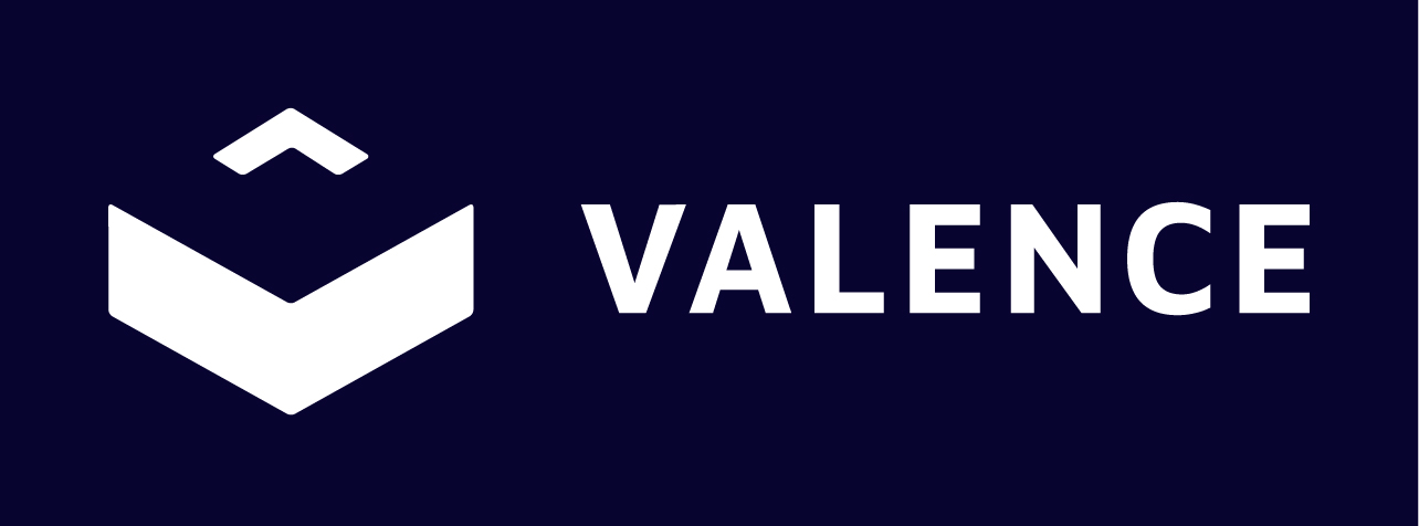 White geometric logo and the word "VALENCE" in bold white text on a dark blue background.