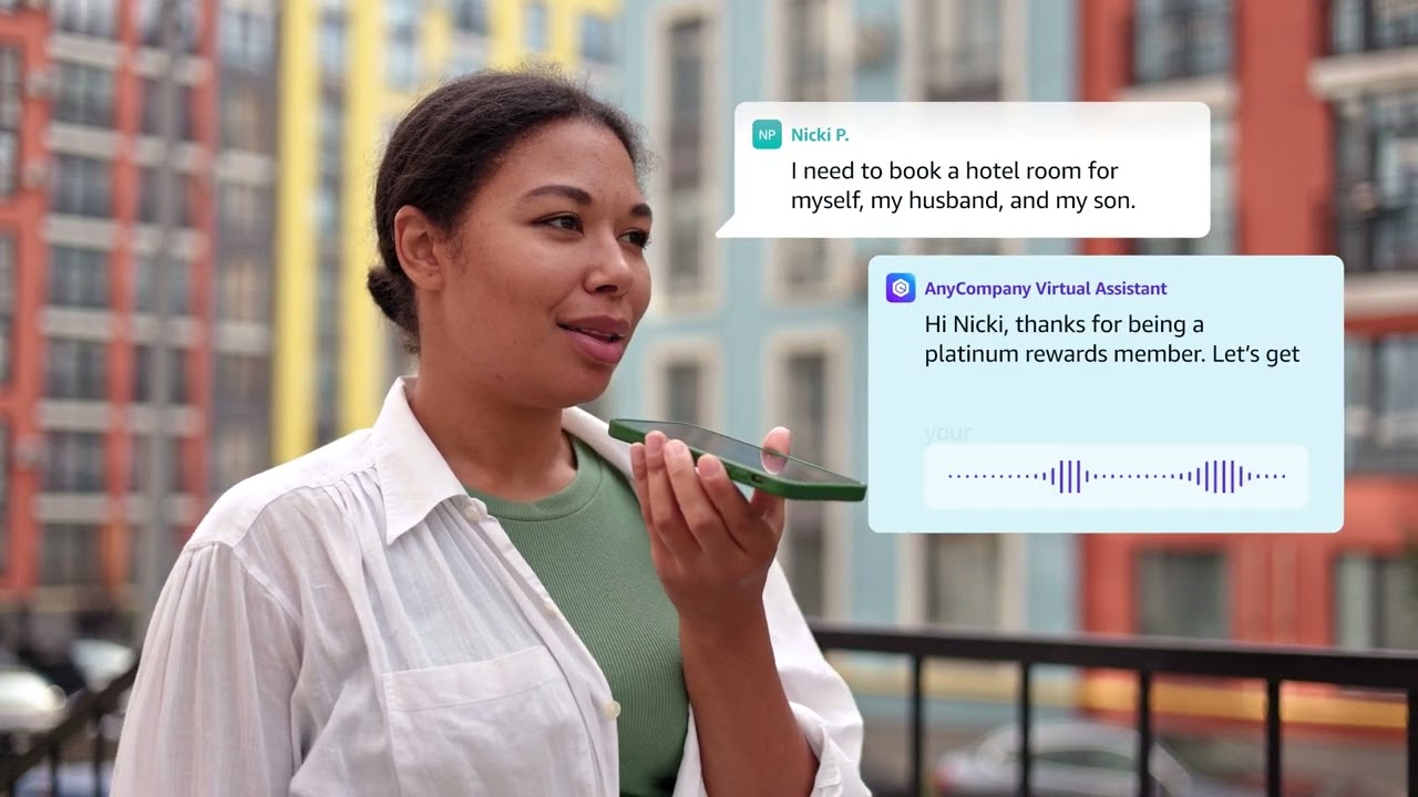 A woman is using her smartphone's voice assistant to book a hotel room, with chat bubbles displaying her request and a virtual assistant's response. The background shows modern buildings. This image is used as a YouTube thumbnail related to contact center or voice assistant technology.