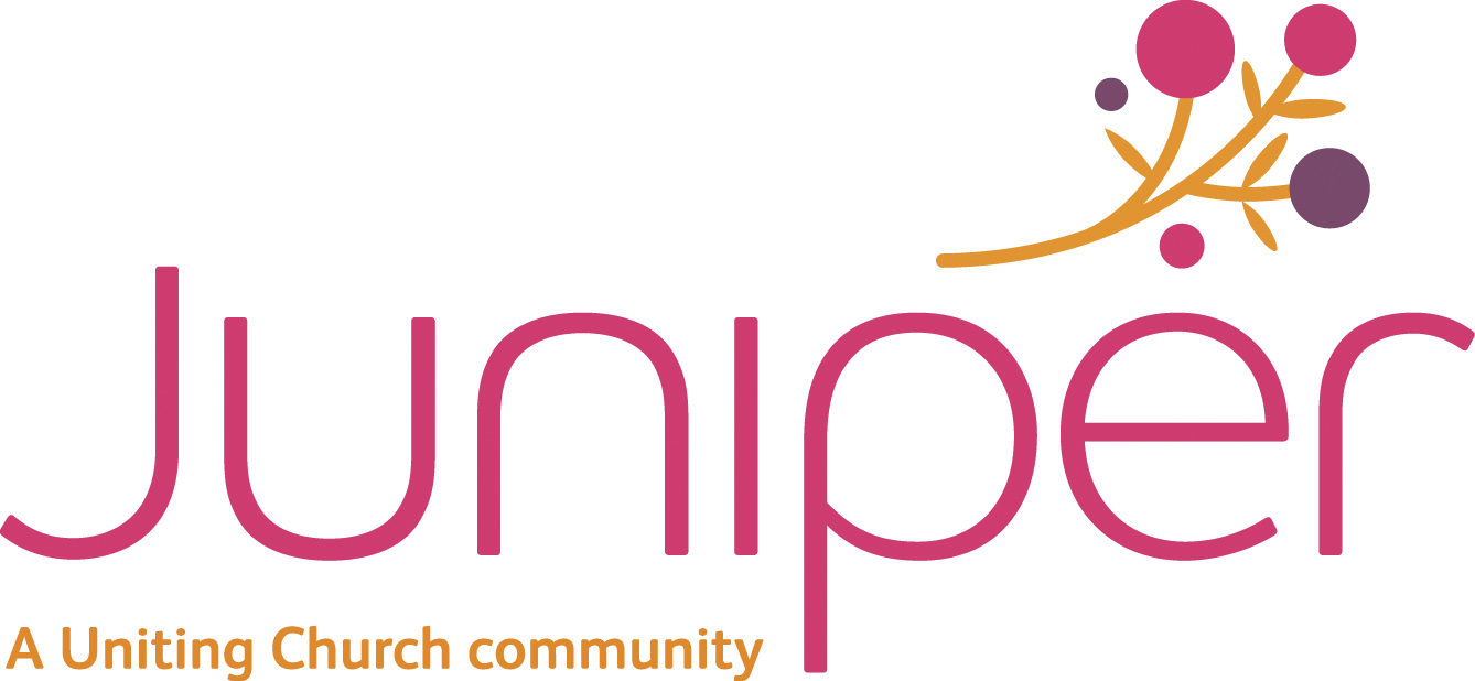 Logo for Juniper, a Uniting Church community, featuring modern pink text and a stylized branch with berries.