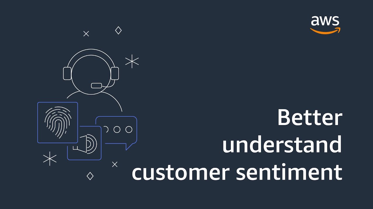AWS promotional YouTube thumbnail featuring an illustration of a customer service representative with headset, chat and fingerprint icons, and the text 'Better understand customer sentiment' on a dark background.