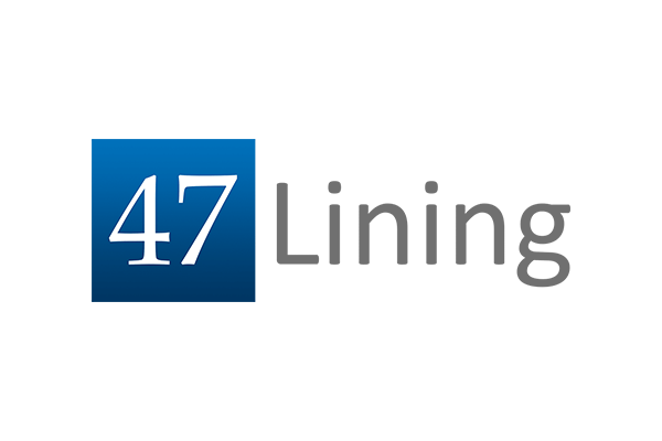 "Logo with the number 47 in white on a blue background and gray text beside it."