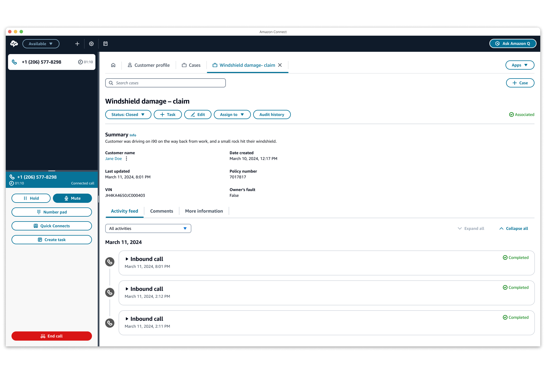 Screenshot of the Amazon Connect user interface showing the case history and activity feed for a windshield damage insurance claim, including call activity, customer information, and case management options.