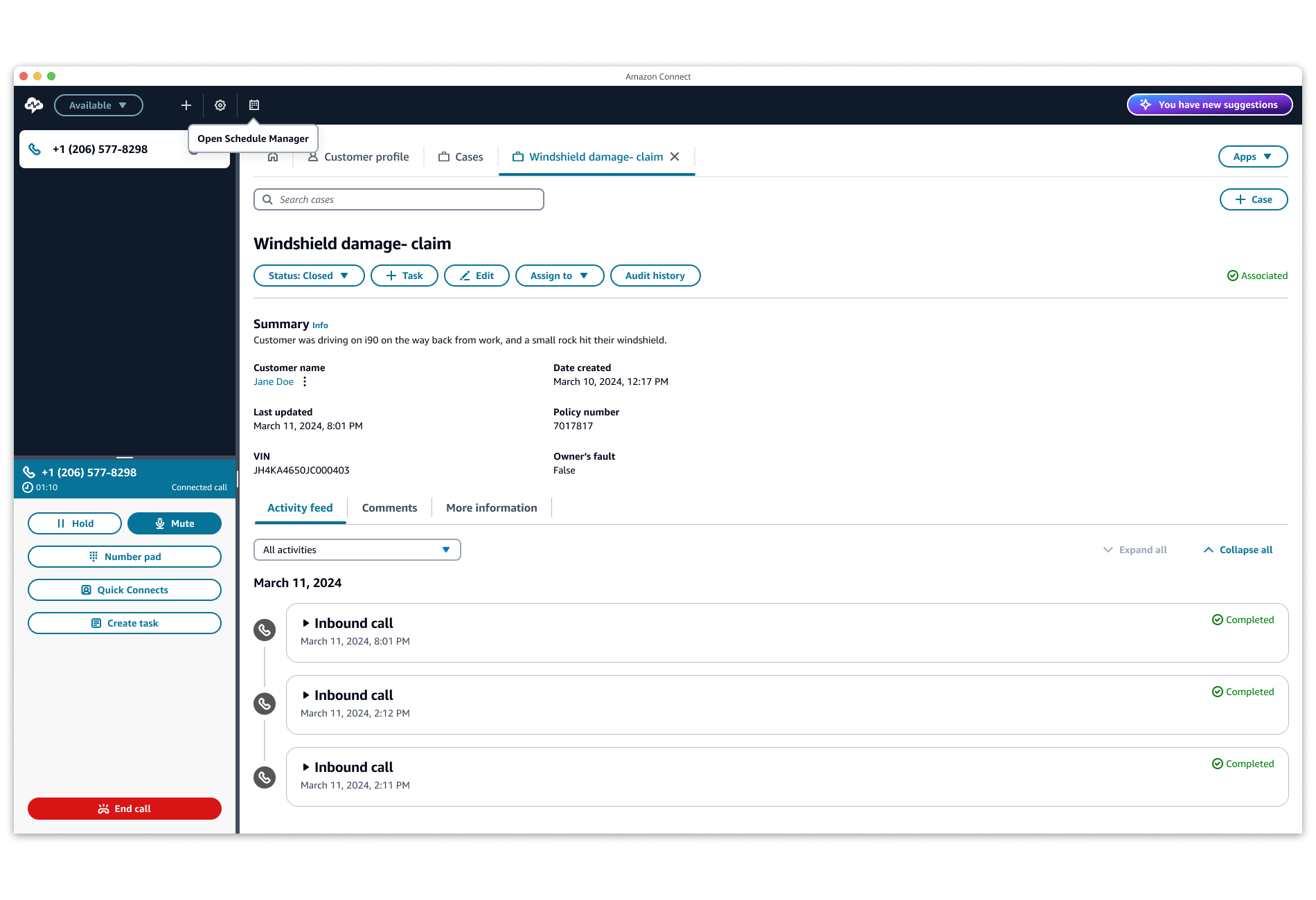 Screenshot of the Amazon Connect case management dashboard showing details for a windshield damage insurance claim, including customer profile, claim summary, policy information, and an activity feed of inbound calls and actions.