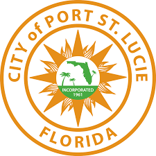 Official logo of the City of Port St. Lucie, Florida, featuring a sunburst design with the state of Florida and palm trees in the center.