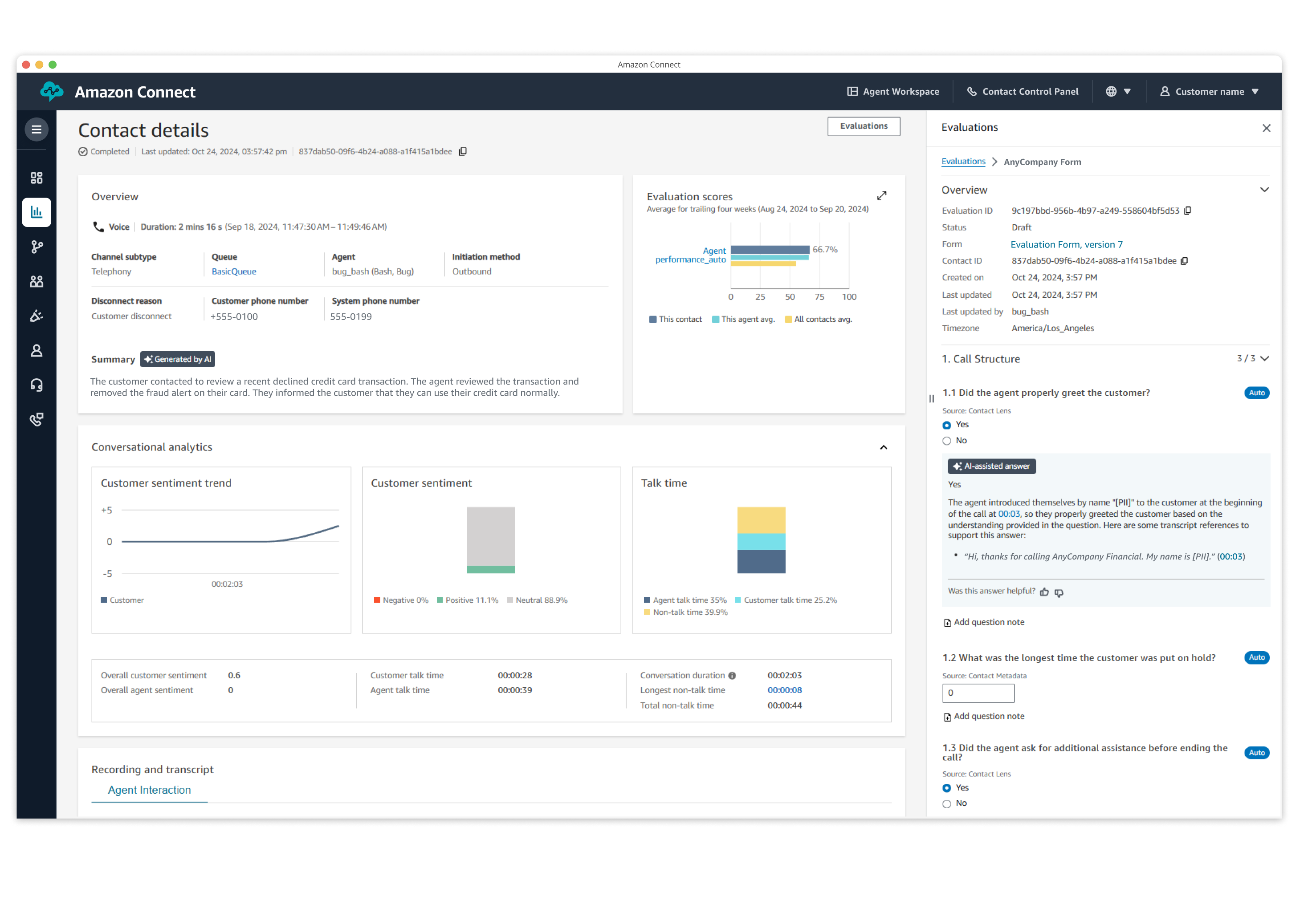 Screenshot of the Amazon Connect interface showing contact details, evaluation scores, conversational analytics, customer sentiment trends, and AI-generated call summary for a contact center interaction.