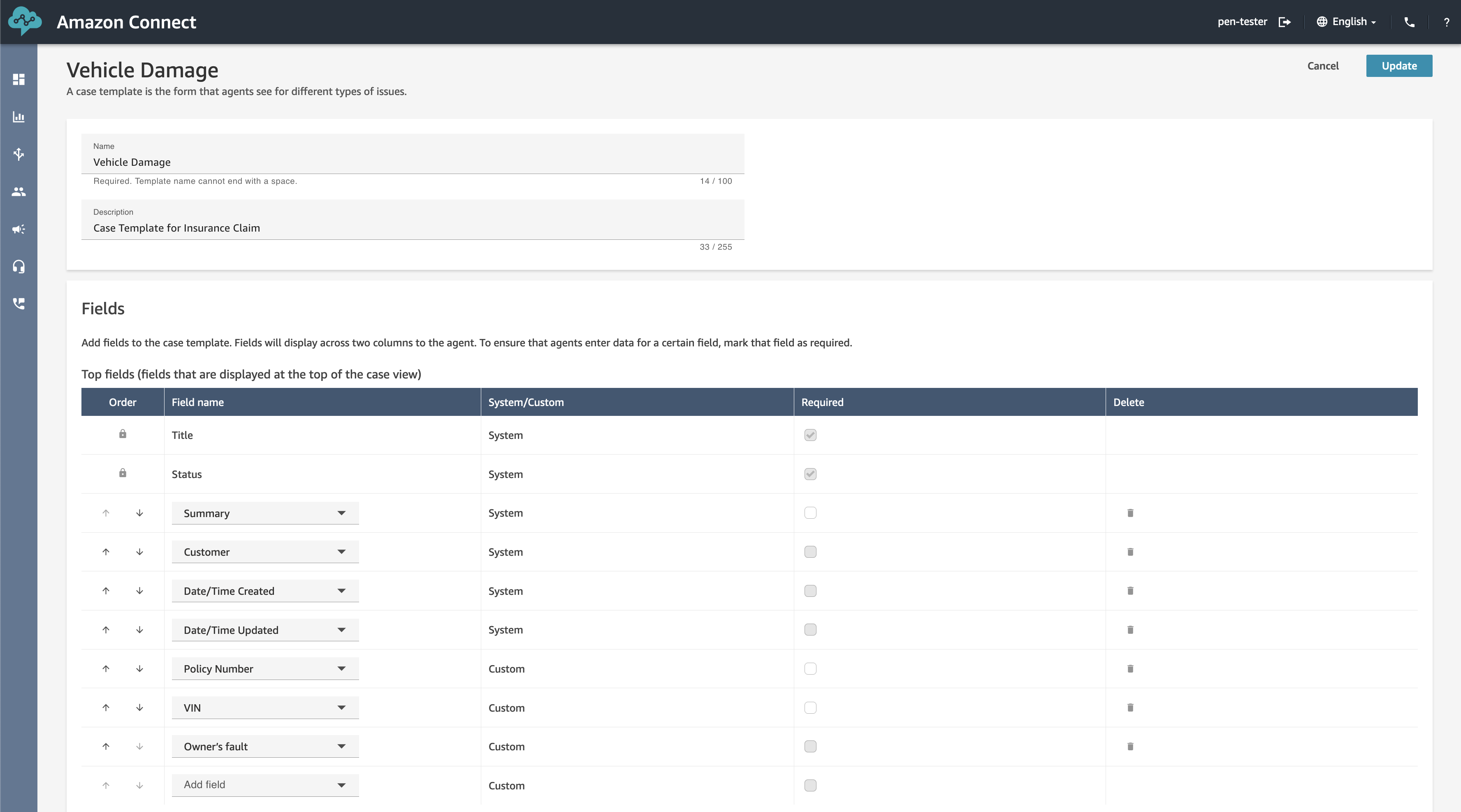 Screenshot of the Amazon Connect interface displaying a vehicle damage case template with form fields for insurance claims, including system and custom fields such as Title, Status, Summary, Customer, Policy Number, VIN, and Owner's fault.