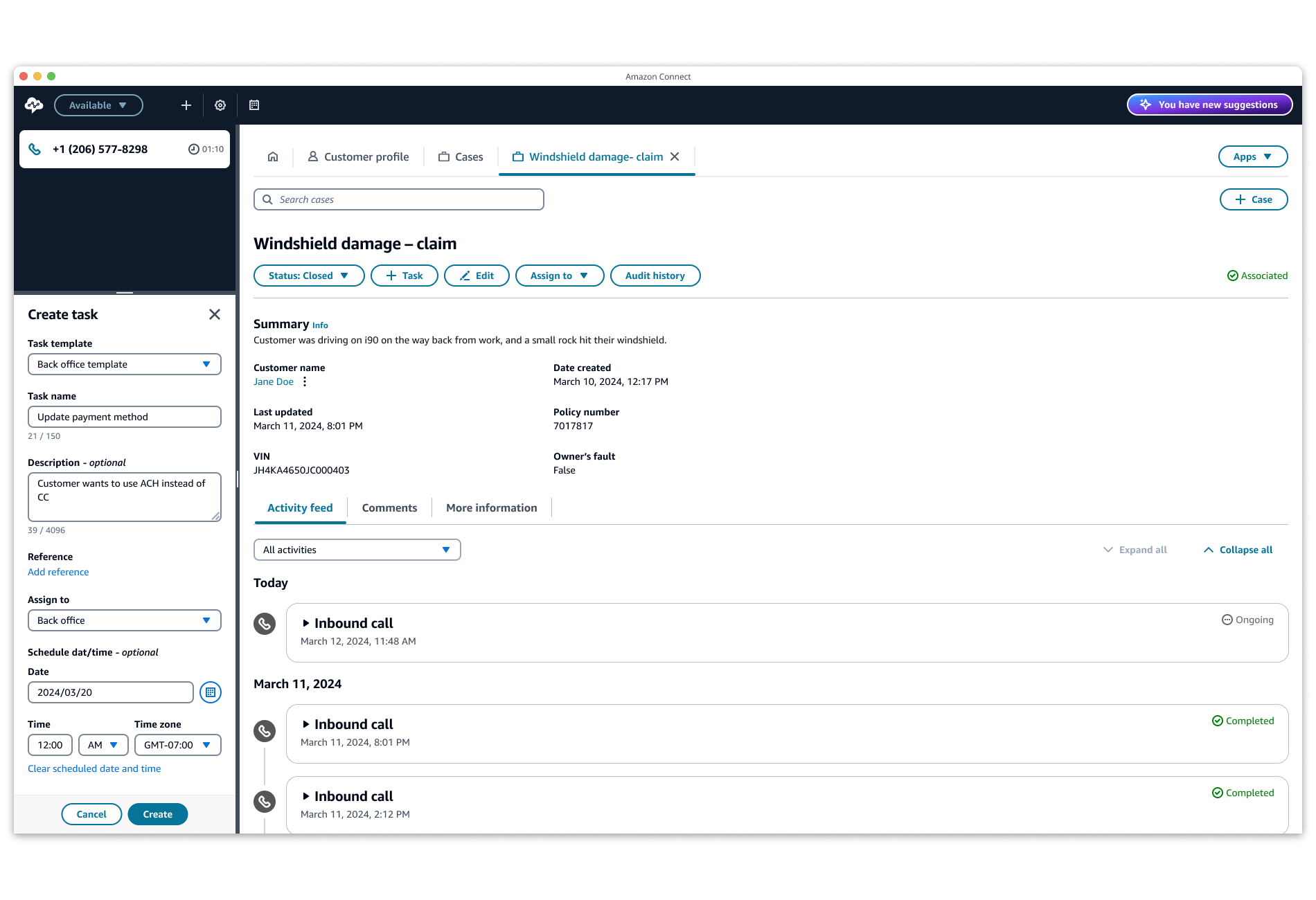 Screenshot of the Amazon Connect task management dashboard displaying case details, task creation, and inbound call activities for a customer support workflow.