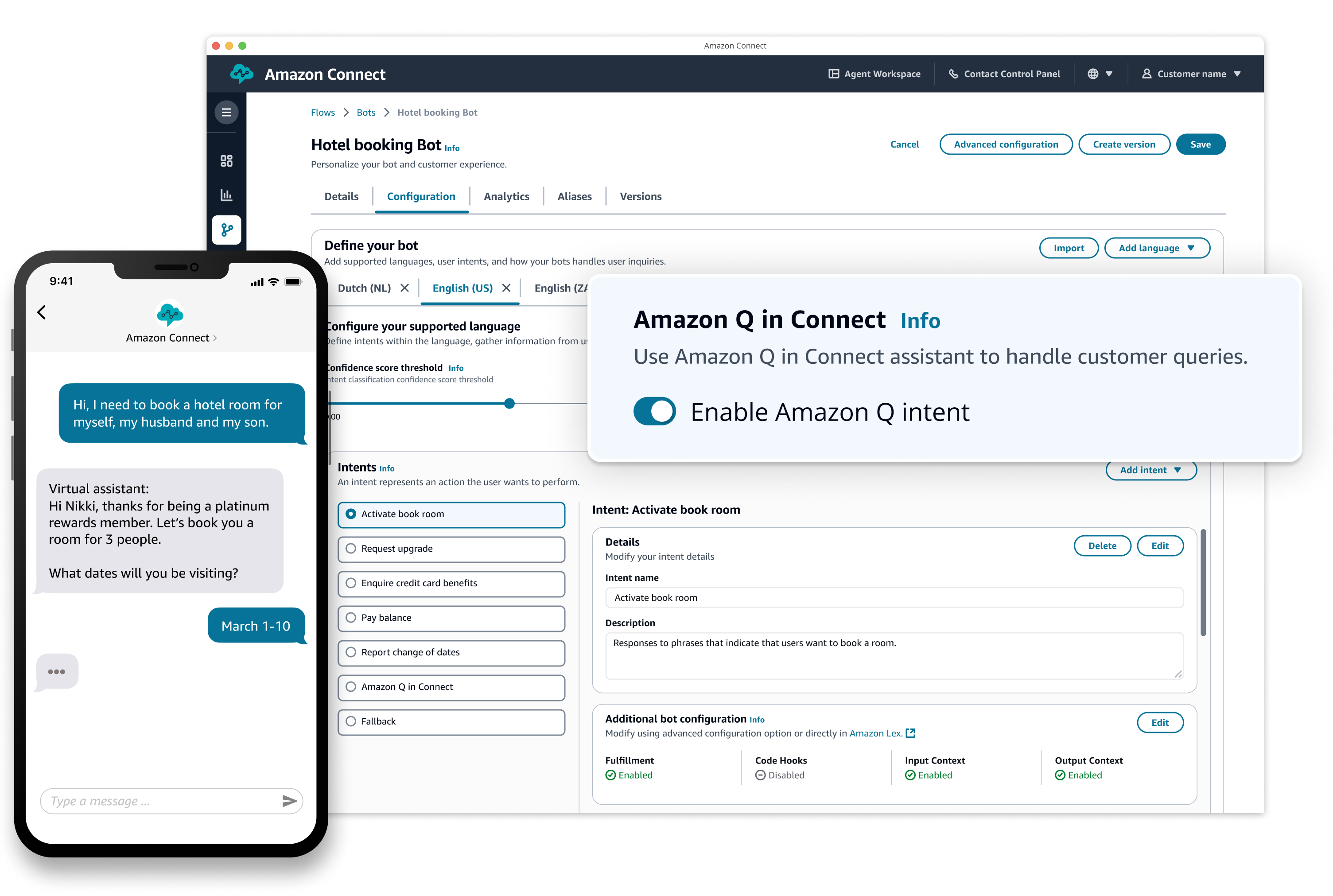 Screenshot showing Amazon Connect's interface with integrated Amazon Q assistant for handling customer queries, including a hotel booking bot configuration and a sample virtual assistant chat for booking a hotel room.