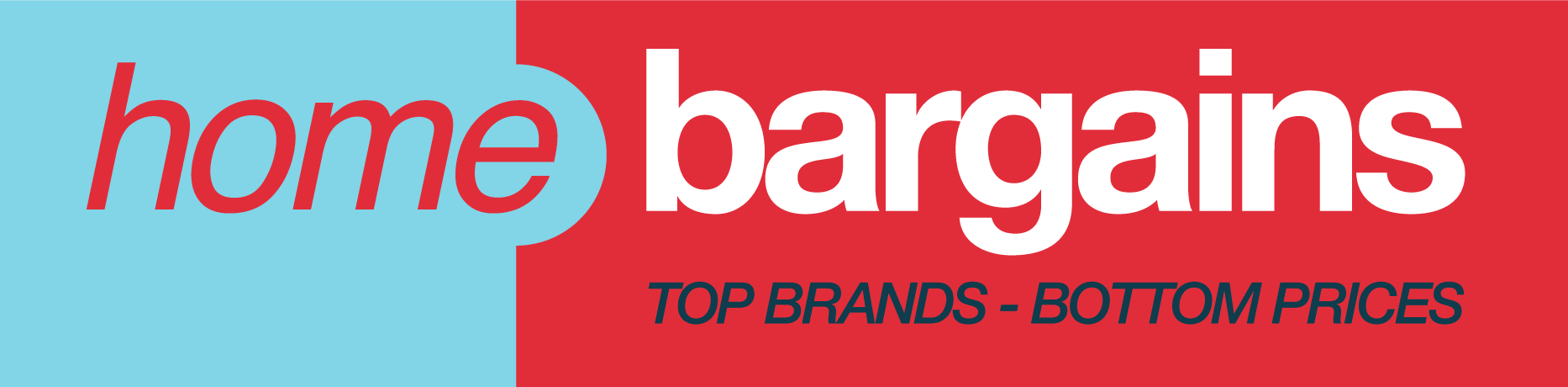 Home Bargains logo with the tagline "Top Brands - Bottom Prices" on a red and blue background.