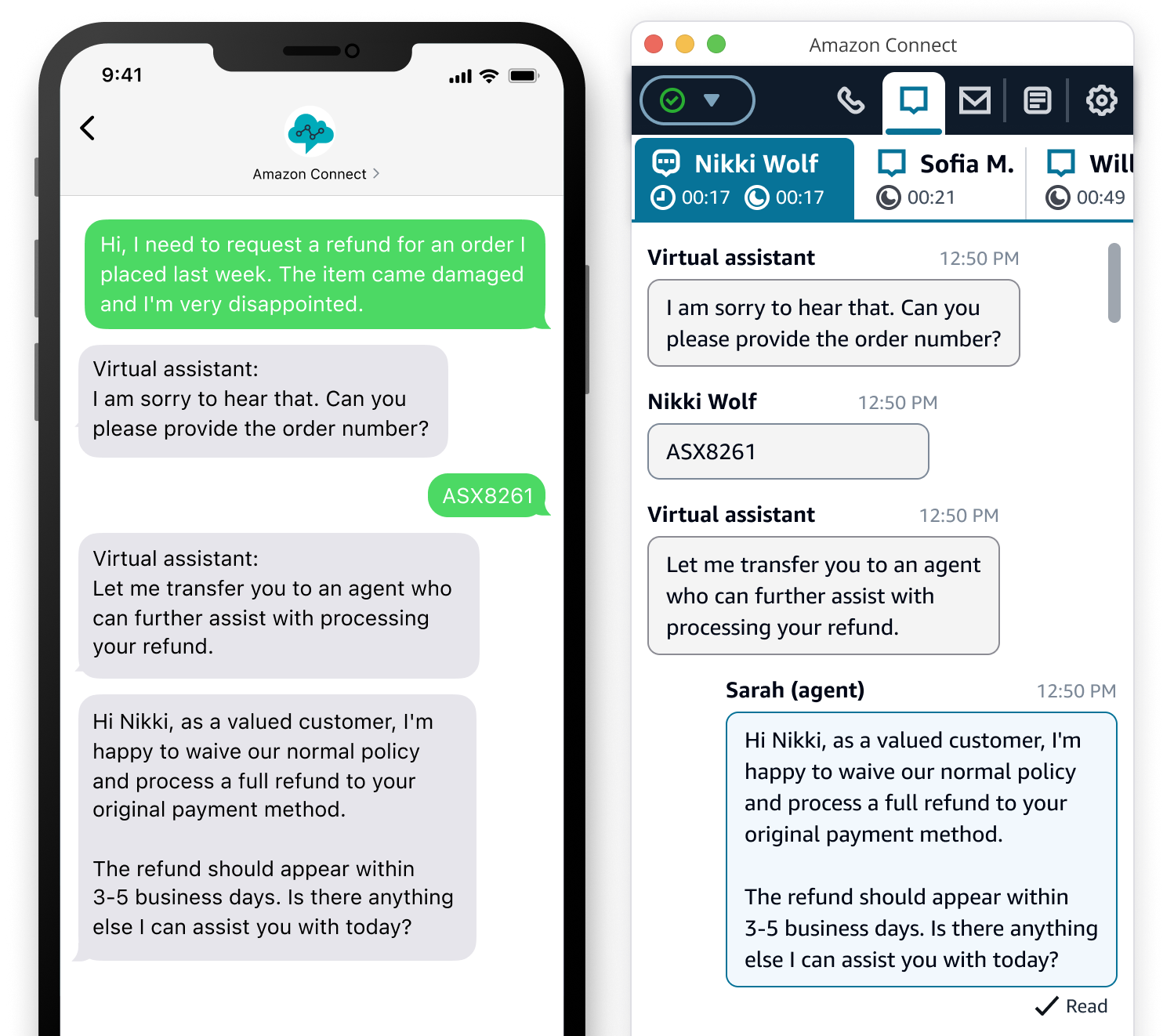 Screenshot showing an Amazon Connect customer support experience with a virtual assistant via SMS on a mobile device and a live chat interface on desktop. The SMS conversation requests a refund, with the bot collecting the order number and then transferring to a live agent for resolution. The desktop chat shows the same flow, highlighting seamless handoff from virtual assistant to human agent for efficient customer service.