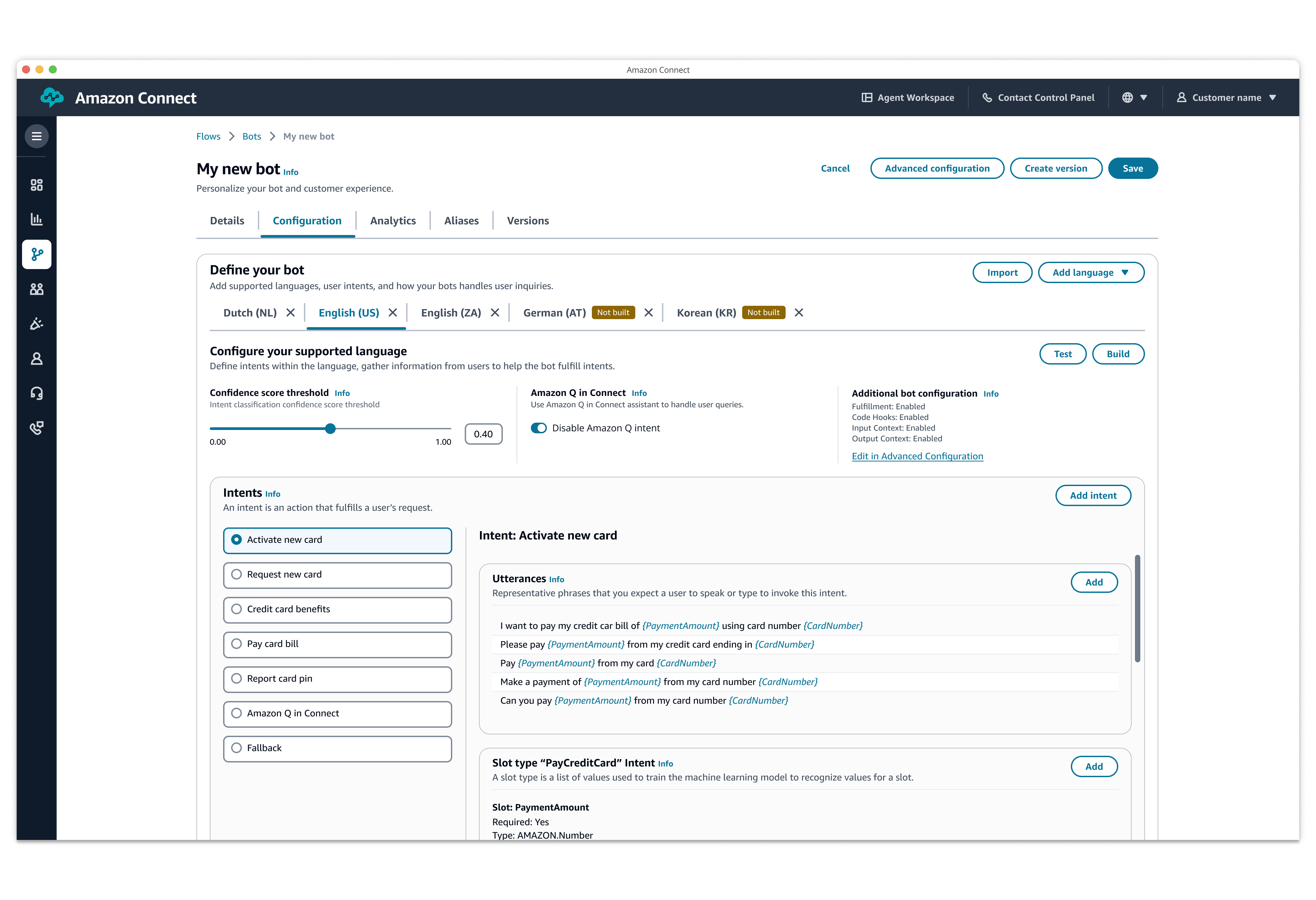 Screenshot of the Amazon Connect bot configuration user interface, showing supported languages, intent settings, and options for configuring and testing a conversational bot.