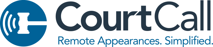 CourtCall logo with a blue icon of a gavel emitting sound waves and the tagline "Remote Appearances. Simplified."