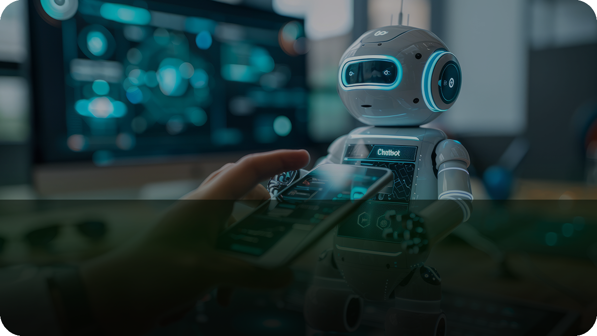 A futuristic robot designed as a chatbot interacts with a person using a mobile device, set in a modern contact center environment with digital displays in the background. Represents the use of artificial intelligence and automation in customer service and support applications.