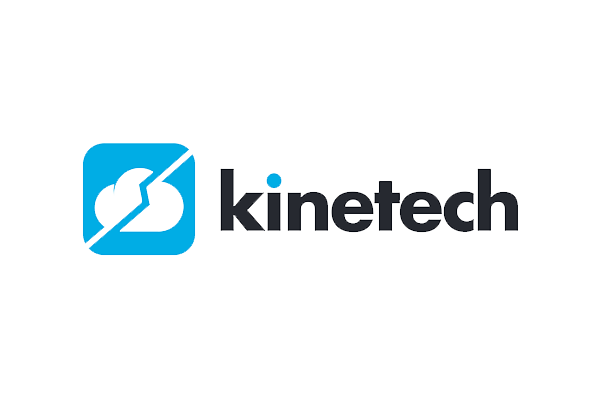 Logo of Kinetech featuring a blue cloud icon with a diagonal line and the company name in bold black text.