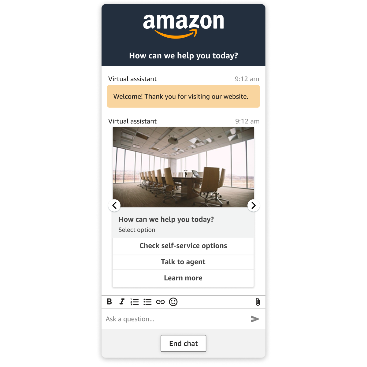 Screenshot of the Amazon Connect virtual assistant messaging interface showing automated welcome message, options for self-service, to talk to an agent, and to learn more, as part of a digital customer support experience.