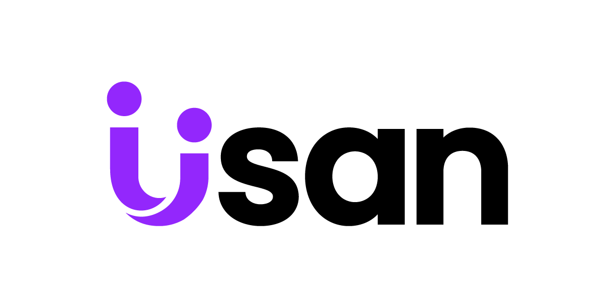 Logo with the text "usan," featuring a stylized purple "u" resembling a smile.