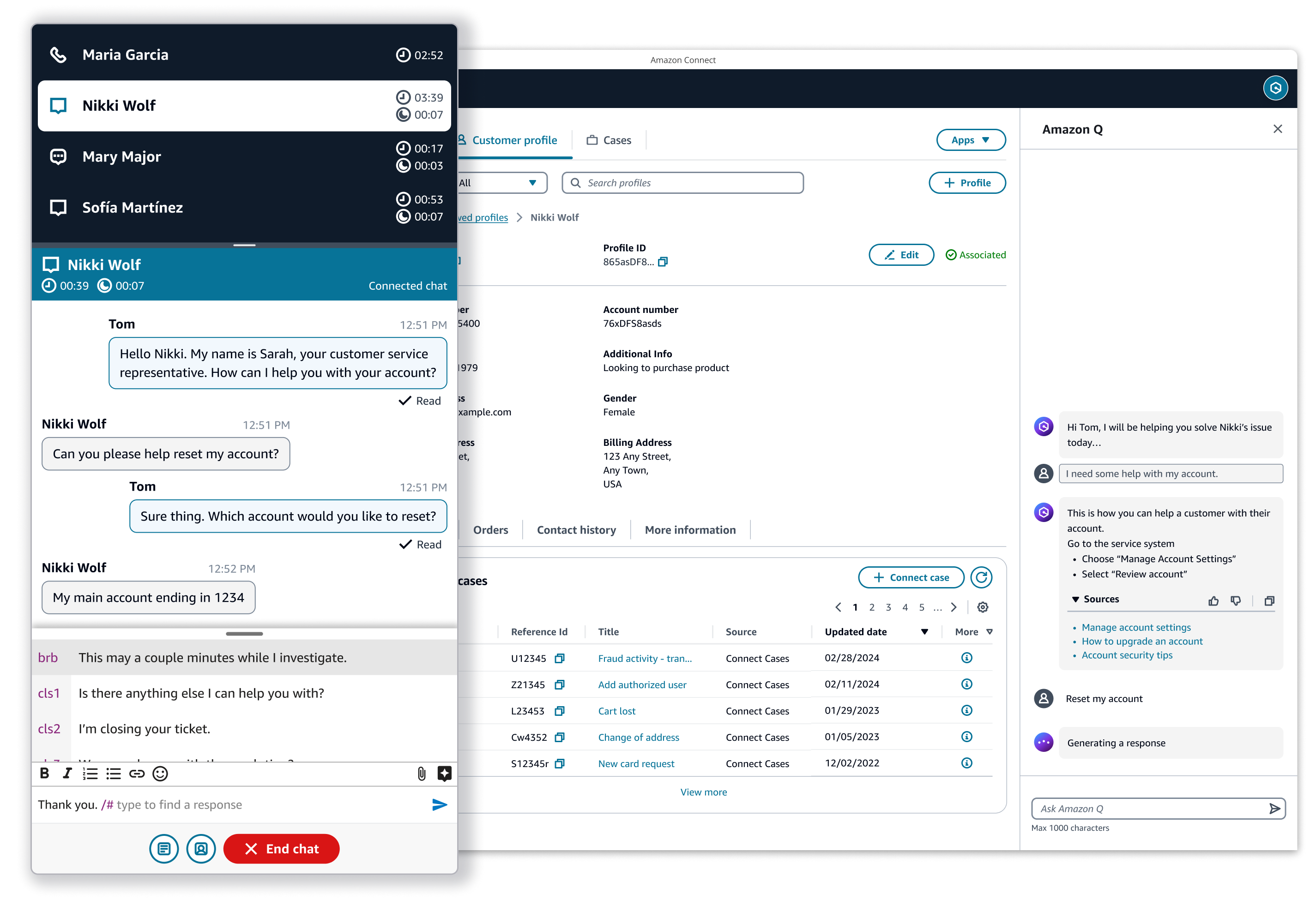 Screenshot of the Amazon Connect contact center interface showing an active customer service chat, customer profile details, and agent assist features.