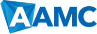 Logo of AAMC with stylized blue geometric background and bold letters 'AAMC'