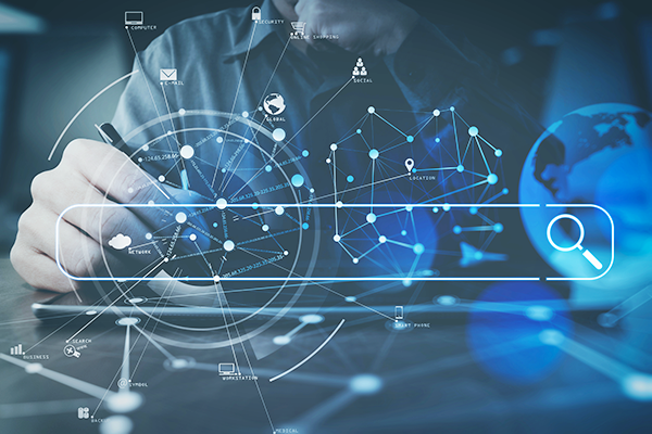 Illustration depicting a data search concept with network connections, digital nodes, and a search bar overlay on a blurred background of a person writing.