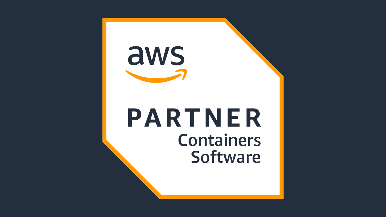 AWS Partner badge for Containers Software, featuring a white shape with an orange border on a dark blue background.