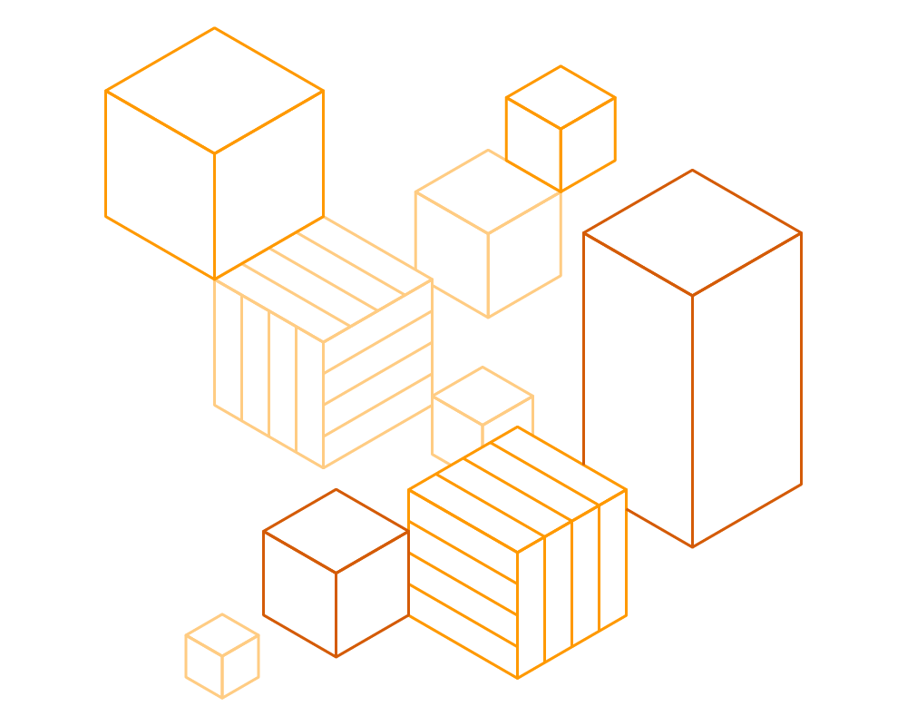 A visual blueprint illustration featuring orange outlined cubes, representing AWS serverless computing and containers concepts on a white background.