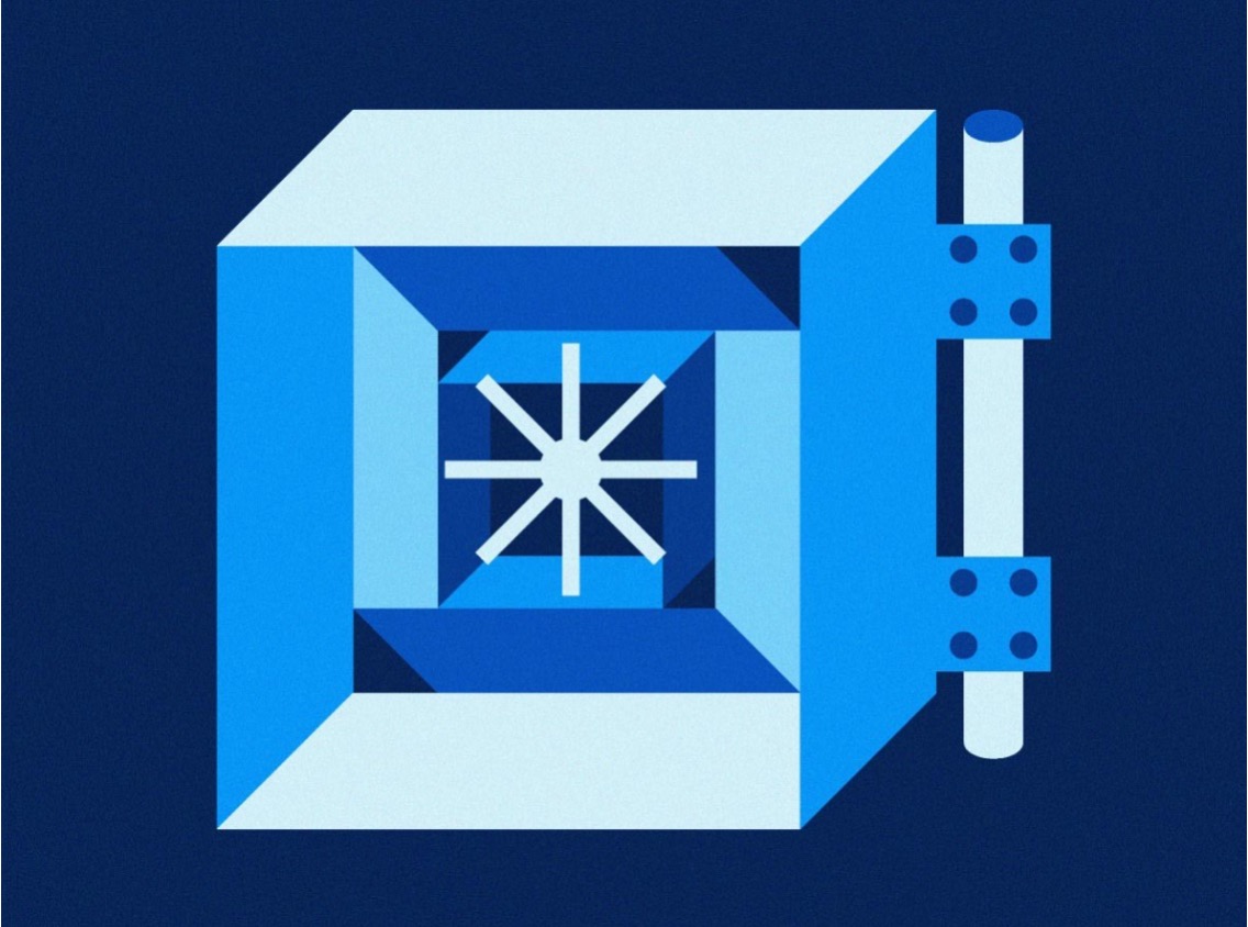 Isometric illustration of a secure vault or safe in shades of blue, featuring a white starburst dial at the center and vertical locking bolts on the right, on a dark navy background.