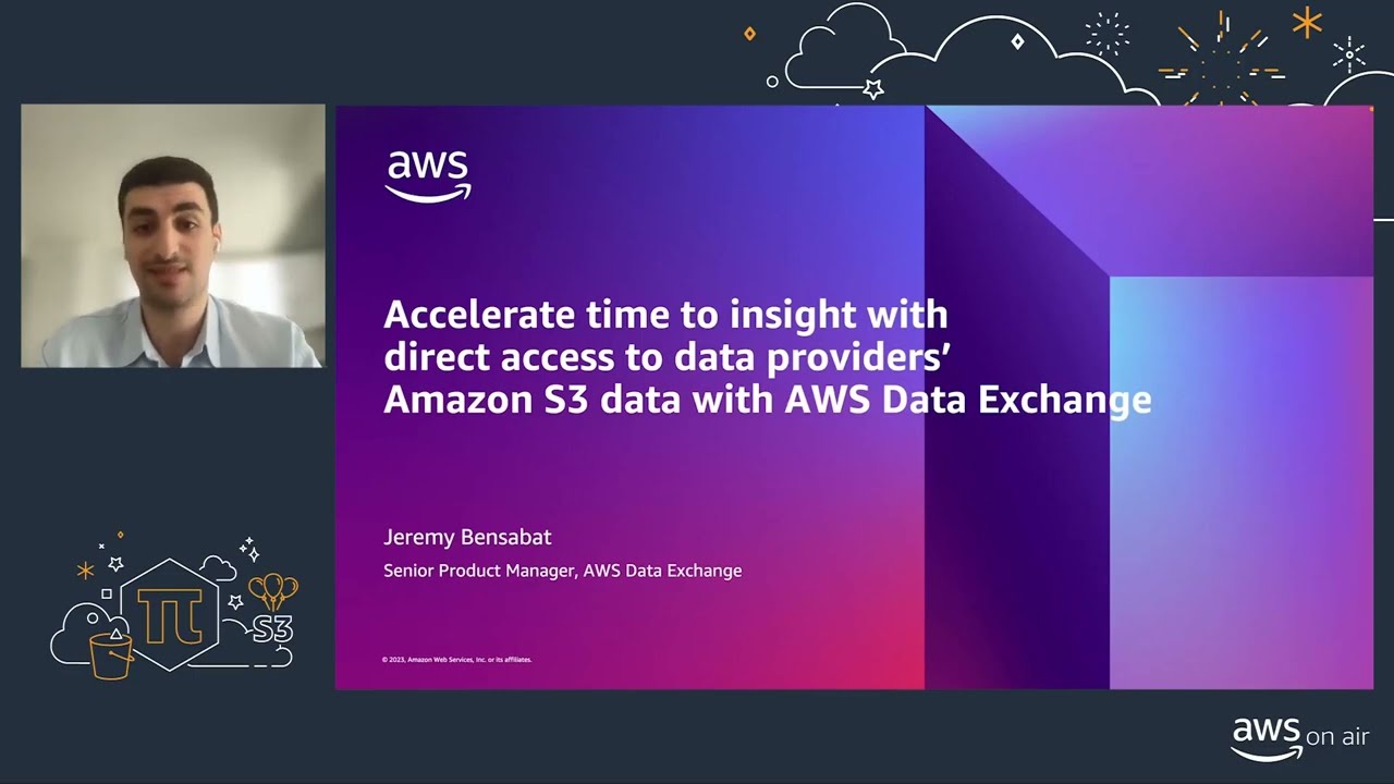 YouTube video thumbnail showing an AWS on Air session titled 'Accelerate time to insight with direct access to data providers' Amazon S3 data with AWS Data Exchange' by Jeremy Bensabat, Senior Product Manager at AWS Data Exchange. The image includes the AWS logo, session title, presenter's name and photo, and AWS on Air branding.
