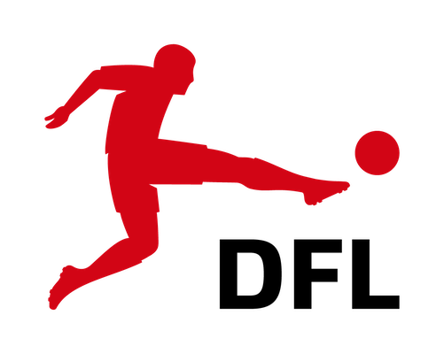 A red silhouette of a soccer player kicking a ball, depicted in a dynamic pose on a transparent background. Commonly recognized as the logo of the Bundesliga, Germany's premier professional football league.